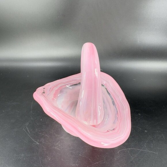 Vintage Sooner Glass Hand Made Pink Swirls Dish Bowl With Handle Basket Handmade - Picture 9 of 14